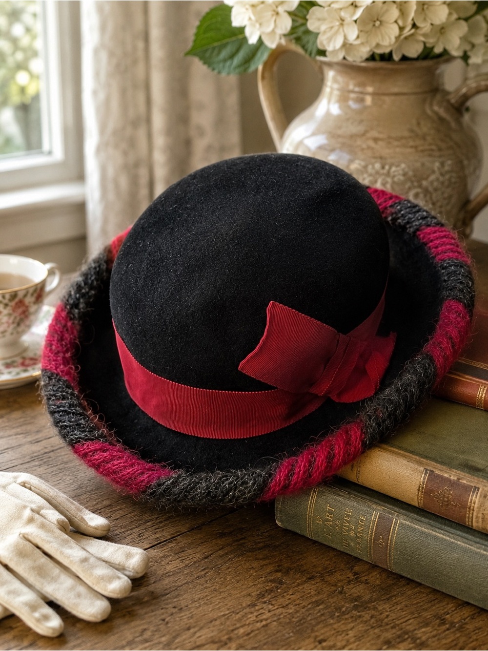 Vintage Jan Leslie Wool Breton Hat Black Red Coquette Made in France
